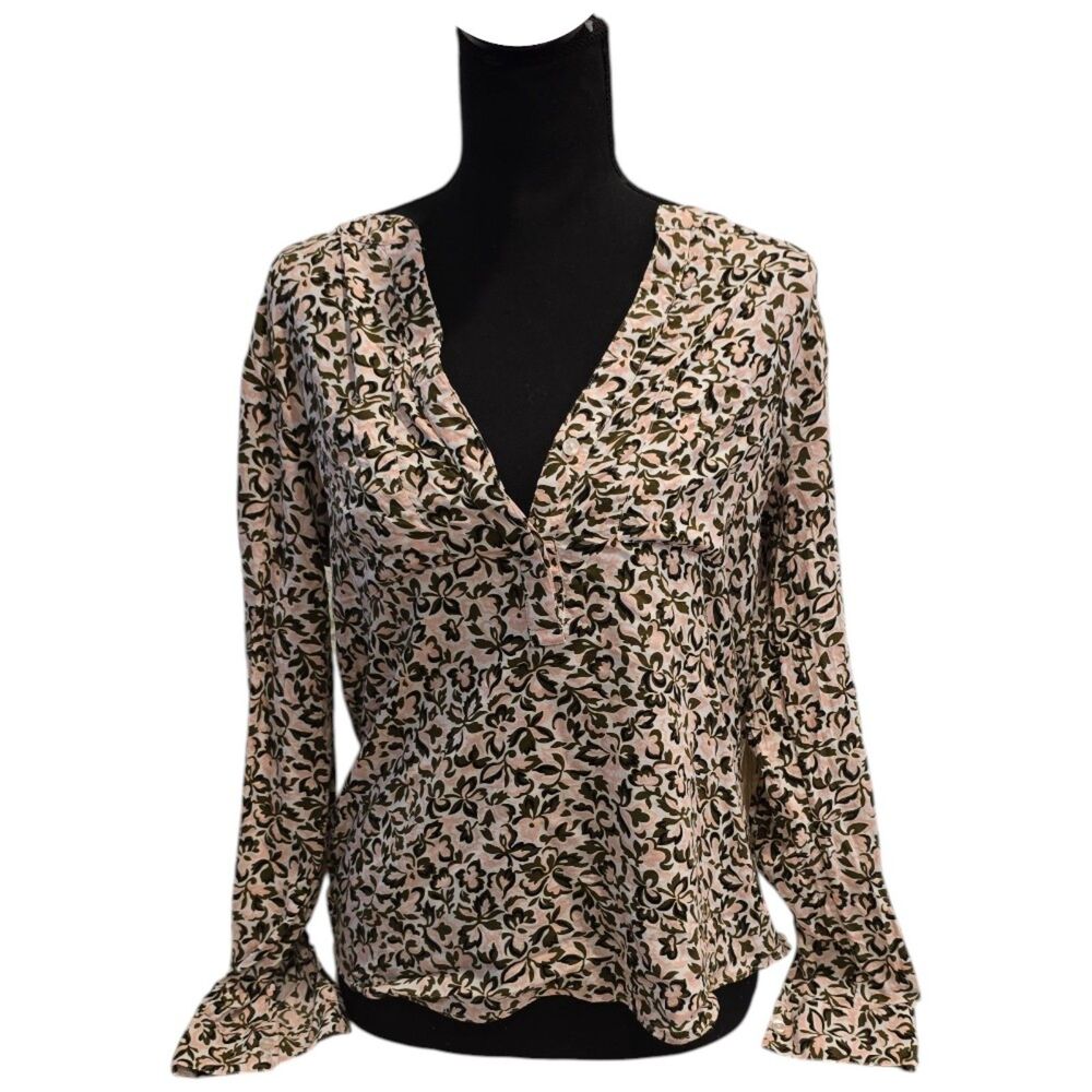 Boho Floral Blouse V Neck Bell Sleeve Cottagecore Lightweight Top Medium